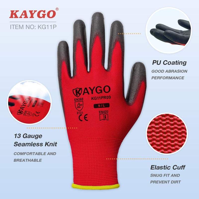 KAYGO Safety Work Gloves PU Coated for Men and Women, 12 Pairs KG11P Seamless Knit Glove with Polyurethane Coated Smooth Grip on Palm and Fingers, Ideal for General Duty Work (XL, Red) - Image 2